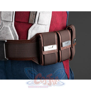 Steve Rogers cosplay utility belt anchors sturdy brown pouches and metallic hardware onto the textured fabric bodysuit.