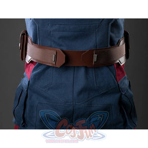 Steve Rogers cosplay suit anchors a sturdy utility belt around the waist to secure the deep blue denim fabric construction.