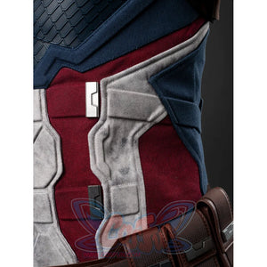 Steve Rogers cosplay vest layers cotton denim panels and alloy hardware that anchors the utility belt along the waist.