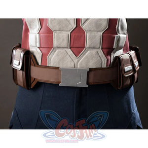 Steve Rogers cosplay belt detail lines brown utility pouches across red and cream torso panels.