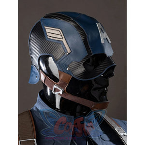 Steve Rogers cosplay helmet side detail layers navy panels around brown chin straps.