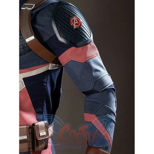 Steve Rogers cosplay sleeve armor detail layers navy panels below a red shoulder patch.