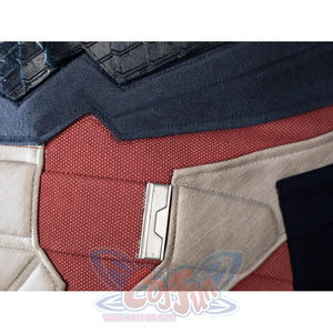 Steve Rogers cosplay waist armor detail sets a cream side plate against red textured fabric.