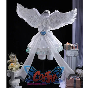 Panty & Stocking with Garterbelt Stocking cosplay dress back traces lace-up corset detail beneath a cascading blue heart.