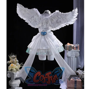Panty and Stocking with Garterbelt Stocking cosplay wings back display shows white feathers arcing over the dress