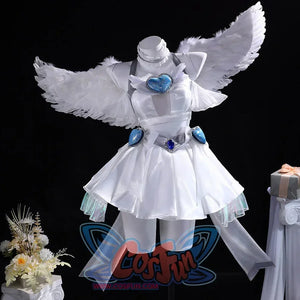 COSFUN Panty & Stocking with Garterbelt Stocking cosplay dress pairs a blue-gem bodice against spread white feather wings.