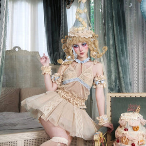 Seated styling view with the Cream Oracle lace skort and coordinated Lolita outfit