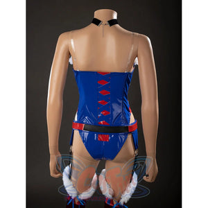 Swords & Slippers Snow White cosplay bodysuit back view centers red lacing above thigh rings and stockings.