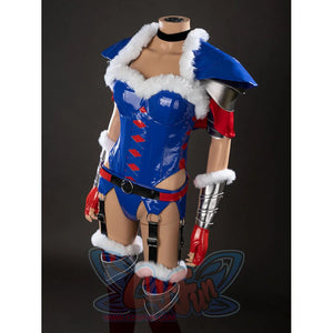 Swords & Slippers Snow White cosplay costume frames the fur-trimmed neckline above a red belt and arm guard.