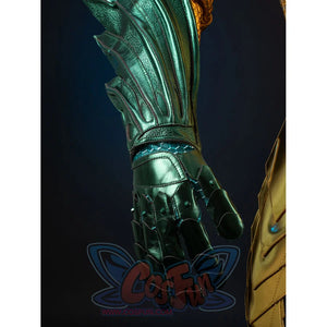 Teal armored cosplay glove detail sets segmented fingers below a finned wrist guard and side plate.