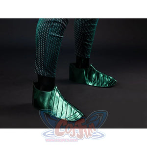 Teal armored cosplay shoe cover pair angles pointed toes beneath cropped scale-pattern legs.