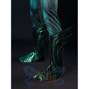 Teal armored cosplay shoe cover side view curves a pointed toe beneath layered shin guards.
