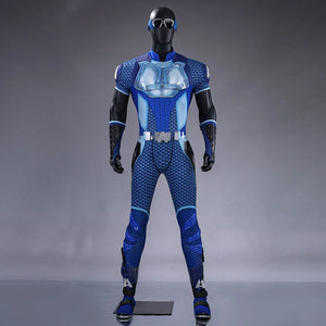 COSFUN The Boys A-Train Reggie Franklin cosplay costume front view layers blue armor over a speed suit