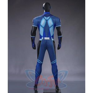 The Boys A-Train Reggie Franklin cosplay costume rear view sets a bright blue spine panel between dark sleeves