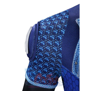 The Boys A-Train Reggie Franklin cosplay sleeve detail sets blue patterned fabric beside a white shoulder emblem