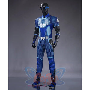 The Boys A-Train Reggie Franklin cosplay costume three-quarter view centers chest armor and blue paneling