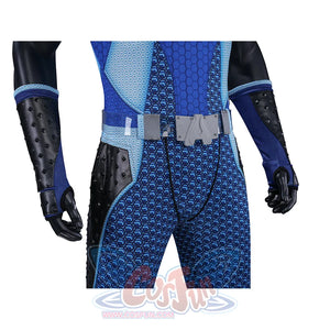 The Boys A-Train Reggie Franklin cosplay waist detail anchors a gray belt across blue patterned fabric