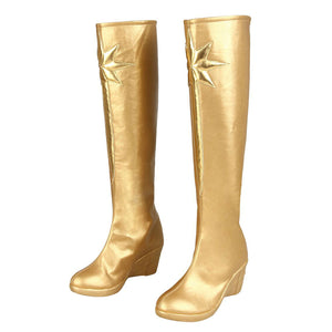 The Boys Starlight cosplay boots angled pair sets tall gold-tone shafts above wedge heels.