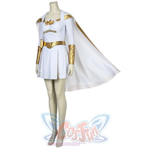 The Boys Starlight cosplay costume angled view spreads a white cape beside the fitted mini dress.