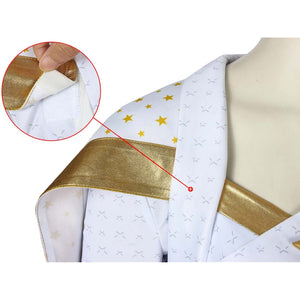 The Boys Starlight cosplay shoulder detail frames the cape edge beneath gold-tone shoulder armor.