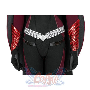 The Boys Stormfront Clara Vought cosplay belt detail angles silver links across the black and burgundy waist.