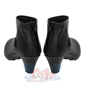 The Boys Stormfront Clara Vought cosplay boots back view highlights rear zippers, rounded soles and black block heels.