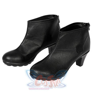 The Boys Stormfront Clara Vought cosplay boots side view angles the black matte PU leather uppers over sturdy block heels.