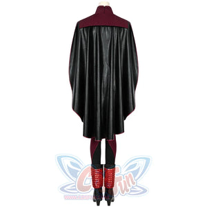 The Boys Stormfront Clara Vought cosplay costume back view centers the black cape over burgundy sleeves and red shoe covers.