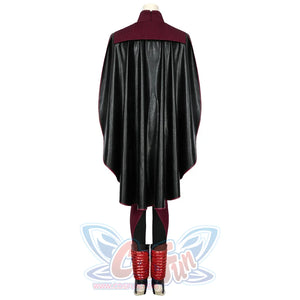 The Boys Stormfront Clara Vought cosplay cape back view falls over the burgundy bodysuit and red shoe covers.
