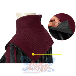 The Boys Stormfront Clara Vought cosplay collar detail reveals the fastener under ribbed burgundy fabric.