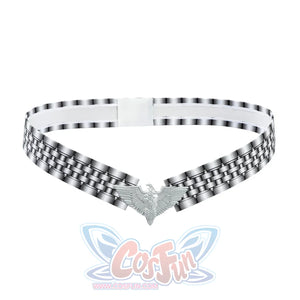 The Boys Stormfront Clara Vought cosplay belt close-up presents silver links and a wing-like center piece.