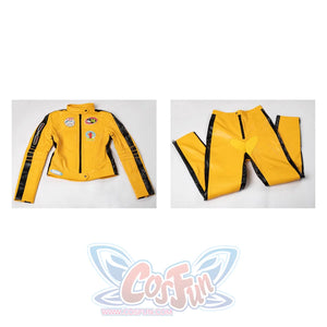 Flat lay of The Bride cosplay costume with yellow jacket, pants, black side stripes and heart-shaped front panel