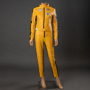 Front view of The Bride cosplay costume with yellow jacket, pants and heart-shaped front panel