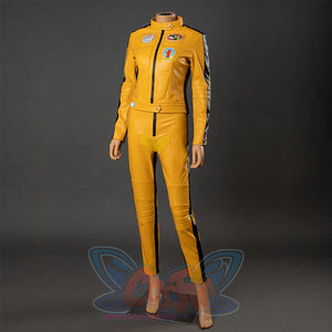 Angled front view of Kill Bill The Bride yellow track suit cosplay jacket and pants with black side stripes
