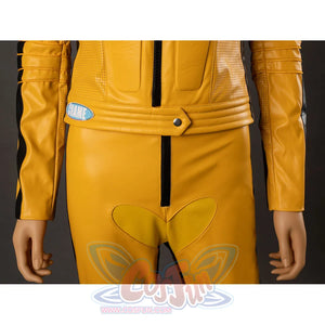 Close-up of The Bride cosplay costume waist with jacket snap tab, black zippers and heart-shaped pants front panel