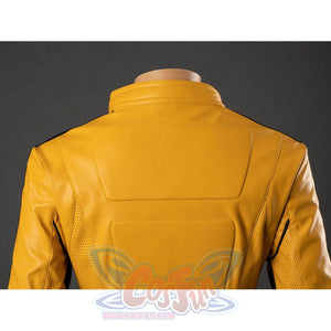 Back close-up of The Bride cosplay jacket collar and upper back with yellow stitched panel and shoulder seams