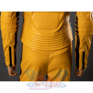 Back close-up of The Bride cosplay jacket waist with horizontal padded stitching, sleeve bands and cuff zippers