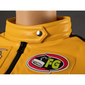 Close-up of The Bride cosplay jacket collar with snap tab, black front zipper and yellow PU leather chest panel