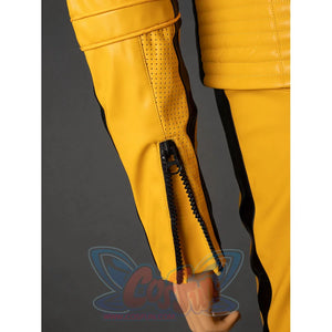 Close-up of The Bride cosplay jacket sleeve cuff with black zipper, perforated strip and padded yellow arm band