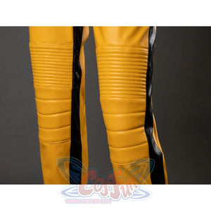 Close-up of The Bride cosplay pants legs with black side stripes and horizontal padded yellow knee sections