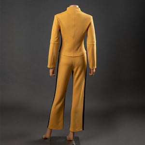 Back view of The Bride Cosplay tracksuit with yellow jacket, pants, black side panels and straight hems