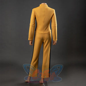 Back view of The Bride Cosplay tracksuit with yellow jacket, pants, black side panels and straight hems