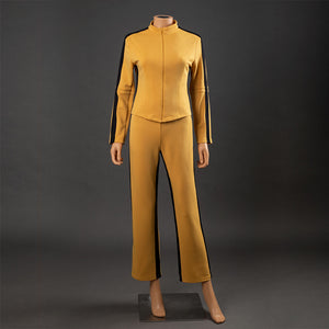 Front view of The Bride Cosplay tracksuit with yellow jacket, pants, stand collar and black side stripes