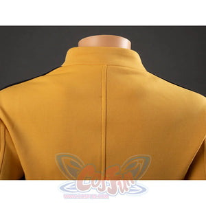 Close-up of The Bride Cosplay jacket back collar with center seam and black shoulder stripe edges