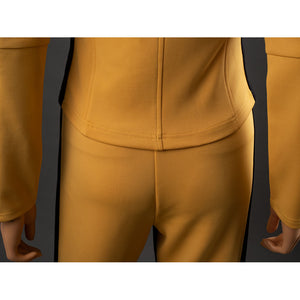 Close-up of The Bride Cosplay jacket back hem over yellow pants with side stripes and neat stitching