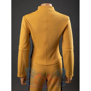 Back view of The Bride Cosplay jacket with stand collar, center seam, fitted paneling and straight hem