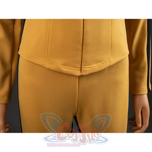 Close-up of The Bride Cosplay jacket hem with lower zipper, curved stitching and yellow pants front rise