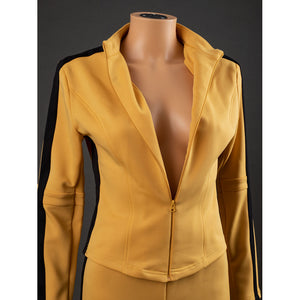 Open front view of The Bride Cosplay jacket with unzipped collar, zipper track, curved seams and sleeve stripes