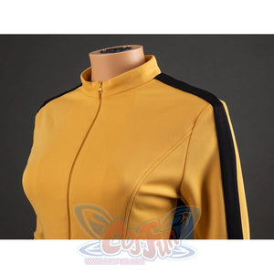 Detail of The Bride Cosplay jacket shoulder with black sleeve stripe, yellow fabric texture and curved chest seam