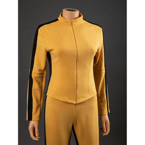 Close-up of The Bride Cosplay jacket upper front with stand collar, zipper, curved seams and sleeve stripes